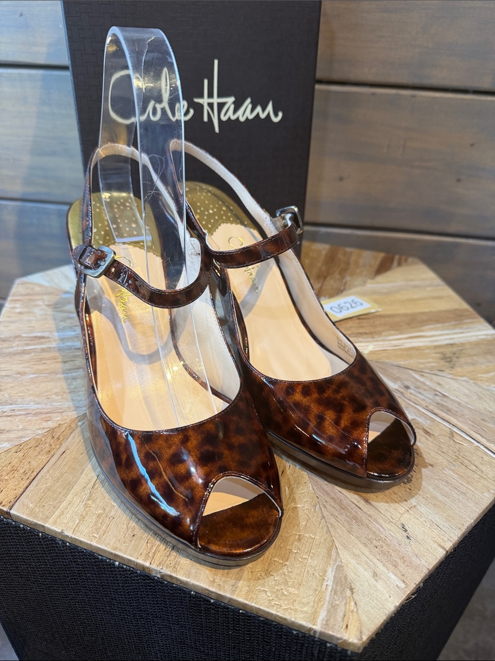 Cole Haan Brown Tortoiseshell Patent Peep-Toe Slingback Heels